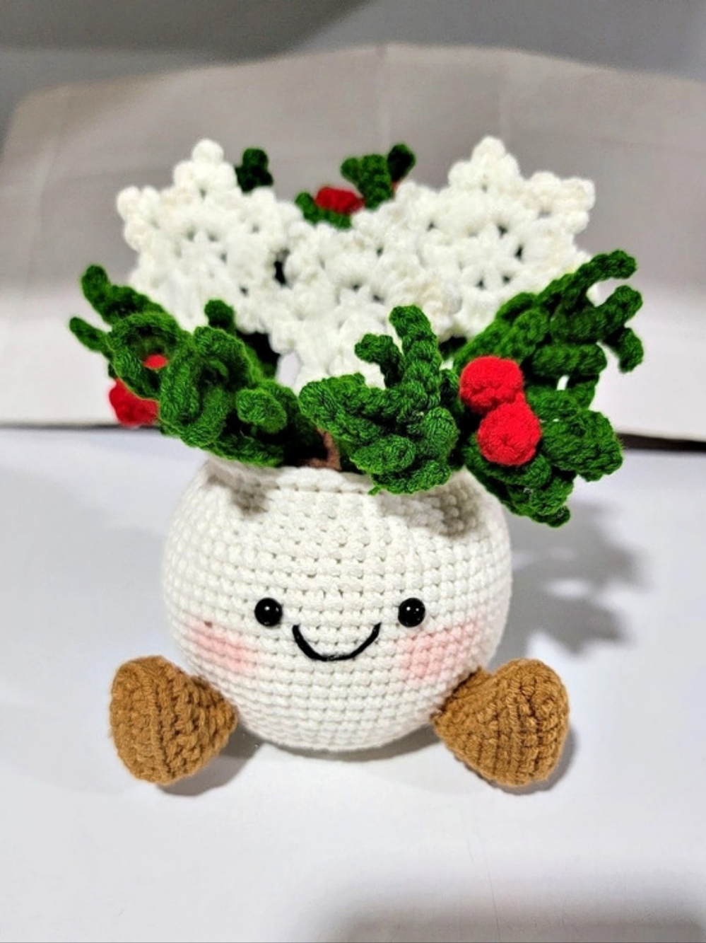 Handmade Crochet Christmas Potted Plant  w/Snowflakes.